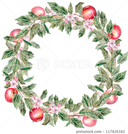 Round wreath of variegated leaves and ripe apples. Isolated watercolor illustration for farm fruit design, agricultural fairs, organic product packaging. Harvesting in an orchard 117826382