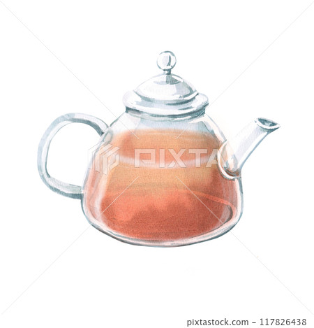 Transparent teapot with tea inside in watercolor. Isolated illustration in realistic style for design of menu of restaurants, cafes, tea shops, cookbooks. Tea ceremony Transparent teapot with tea inside in watercolor. Isolated illustration in realistic style for design of menu of restaurants, cafes, tea shops, cookbooks. Tea ceremony 117826438