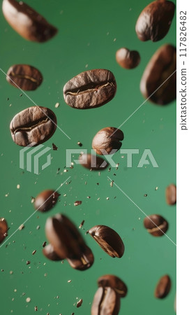 A dynamic display of coffee beans appears to dance through the air 117826482