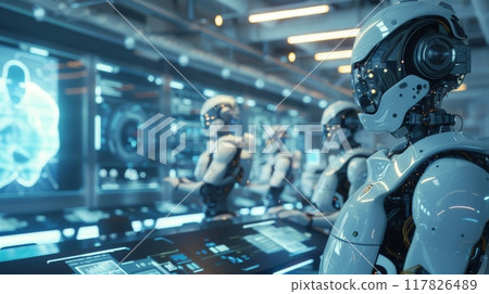 A group of humanoid robots observe advanced holographic technology in a high-tech research lab A group of humanoid robots observe advanced holographic technology in a high-tech research lab 117826489