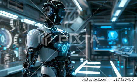 Robot is stationed in a sleek, futuristic lab filled with high-tech equipment and displays Robot is stationed in a sleek, futuristic lab filled with high-tech equipment and displays 117826490