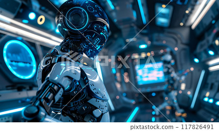 A sleek robot examines glowing control panels in a dimly lit, futuristic spaceship environment A sleek robot examines glowing control panels in a dimly lit, futuristic spaceship environment 117826491