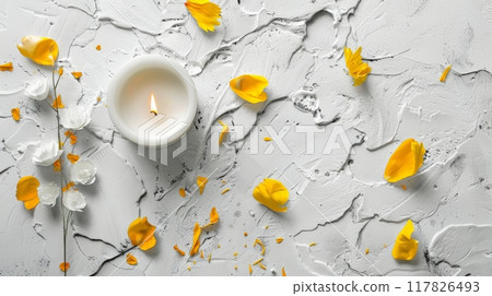 A calming candle surrounded by yellow flower petals on a textured white surface A calming candle surrounded by yellow flower petals on a textured white surface 117826493