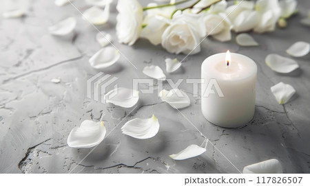 A serene arrangement features a white candle burning softly alongside scattered white petals and delicate flowers on a gray textured surface. A serene arrangement features a white candle burning softly alongside scattered white petals and delicate flowers on a gray textured surface. 117826507