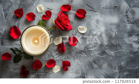 Romantic candle surrounded by rose petals on textured gray surface Romantic candle surrounded by rose petals on textured gray surface 117826518