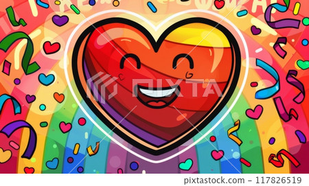 A cartoon heart with a rainbow pattern and a big smile surrounded by confetti 117826519