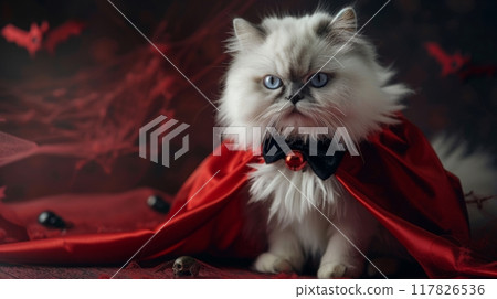 A white Persian cat wearing a red cape and black bow tie sits on a red backdrop with a spooky Halloween theme A white Persian cat wearing a red cape and black bow tie sits on a red backdrop with a spooky Halloween theme 117826536