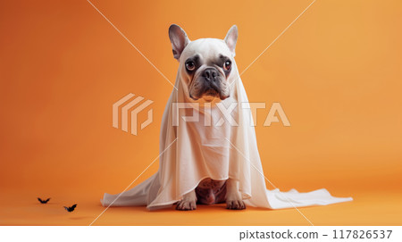 A French Bulldog is dressed as a ghost for Halloween, looking out at the camera from in front of an orange background A French Bulldog is dressed as a ghost for Halloween, looking out at the camera from in front of an orange background 117826537