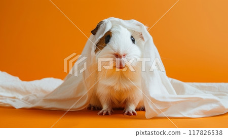 White guinea pig wearing a white sheet as a ghost costume, posed against a bright orange background 117826538
