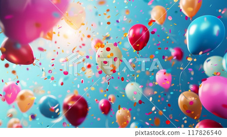 A vibrant image of colorful balloons floating against a blue sky with confetti raining down A vibrant image of colorful balloons floating against a blue sky with confetti raining down 117826540