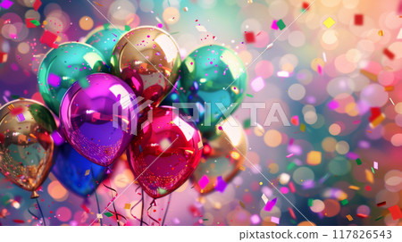 Colorful balloons floating against a blurred background of confetti and bokeh lights Colorful balloons floating against a blurred background of confetti and bokeh lights 117826543