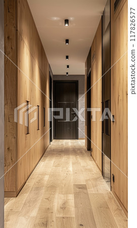 A modern hallway with wooden walls, floor, and a closed door at the end. Recessed lighting illuminates the space 117826577