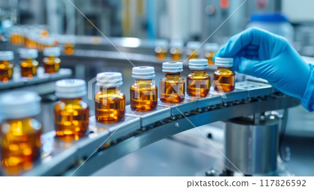 A gloved hand inspects a row of brown glass bottles moving along a conveyor belt in a pharmaceutical factory 117826592