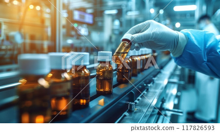 A gloved hand places a brown glass bottle on a conveyor belt in a pharmaceutical manufacturing facility 117826593