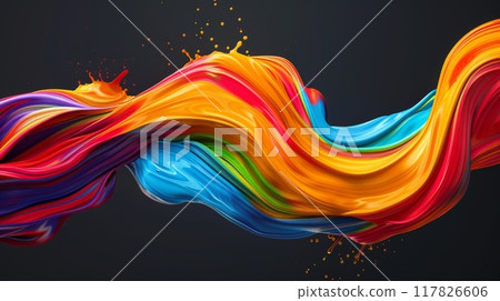 A vibrant and abstract image of a colorful liquid swirling through the air, creating dynamic shapes and patterns 117826606