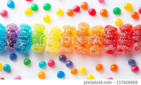 A row of colorful gummy candies arranged in a rainbow pattern on a white surface 117826608