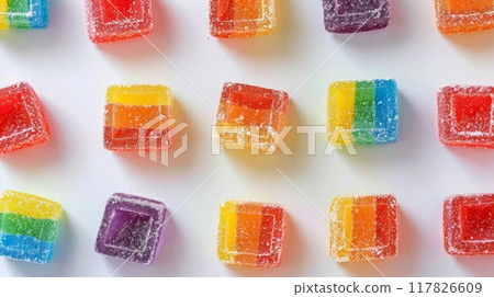 A flat lay of square, rainbow-colored jelly candies on a white background 117826609