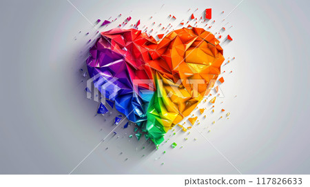 A digital illustration of a heart shape, made up of geometric pieces in a rainbow pattern 117826633
