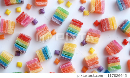 Colorful, stacked, square candies on a white background 117826643