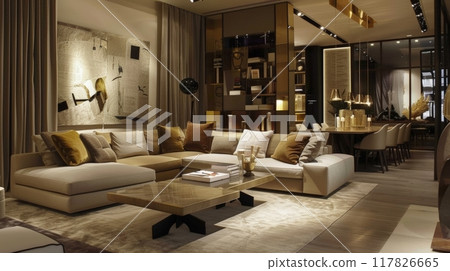 A modern living room with a large sectional sofa and a coffee table. The room is decorated in a neutral color scheme with beige, brown, and white accents 117826665