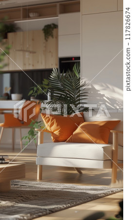 A comfortable white armchair with orange cushions sits in a modern living room bathed in natural light. The room is decorated with a light wood floor and a woven rug 117826674