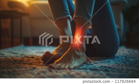 A person is sitting on a carpet with their ankle highlighted in red, signifying pain 117826684