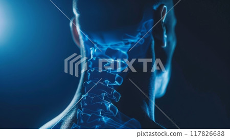 A close-up image of a persons cervical spine, illuminated in blue light, seen from behind. The image focuses on the vertebrae and their delicate structure A close-up image of a persons cervical spine, illuminated in blue light, seen from behind. The image focuses on the vertebrae and their delicate structure 117826688