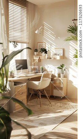 A home office desk with a computer, plants, and wooden blinds. The desk is illuminated by the sun shining through the window A home office desk with a computer, plants, and wooden blinds. The desk is illuminated by the sun shining through the window 117826693