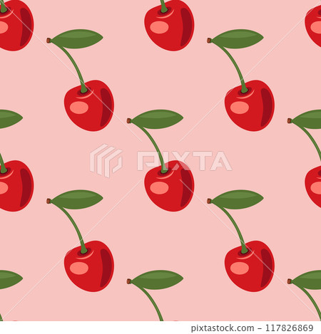Vector Seamless Pattern with Adorable Cherry on Pink Background. Cute Cherries for Valentine s Day, Love, Romance Concept 117826869