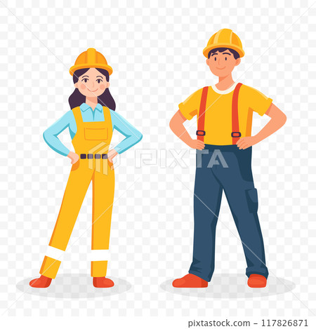 Construction Workers Man, Woman. Labor Day Concept. Male, Female Workers Wearing Safety Helmets. Construction Workers, Teamwork Illustration for Labor Day Event. Vector Illustration 117826871