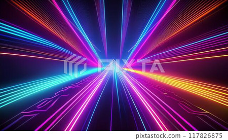 抽象設計，線條在動態的宇宙背景下閃爍著霓虹燈。 117826875