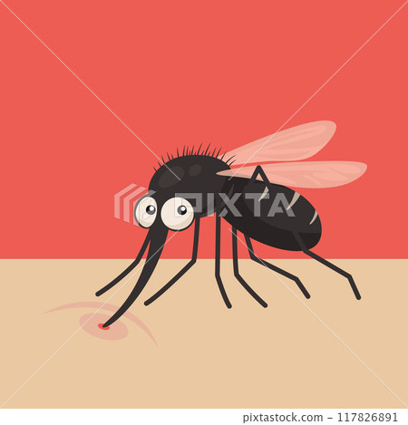 Cute Cartoon Flat Vector Mosquito Sucking Blood on Skin. Insect Enthusiasts. Bloodsucking Mosquito Design Template for Pest Control, Nature Education Concept, Vector Illustration 117826891