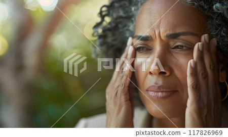 A middle aged Hispanic woman holds her head, visibly affected by a migraine outdoors 117826969