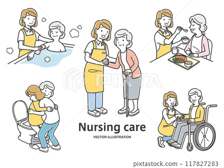 Illustration set of a female caregiver assisting elderly women 117827283