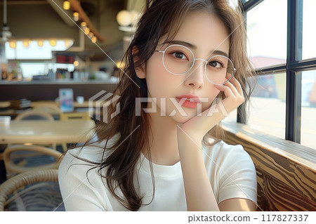 一位穿著白色 T 恤的成年女性在咖啡館放鬆 117827337