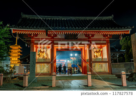 Tsu City, Mie Prefecture - Nighttime Niomon Gate of Tsu Kannon Temple, where the fire-walking event is held 117827578