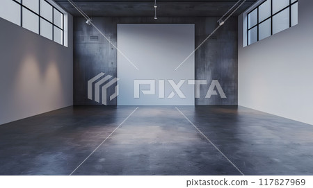 Spacious gallerystudio with industrial design, large windows, concrete walls perfect for exhibitions, art installations, and photoshoots. Perfect blank canvas for creative projects 117827969