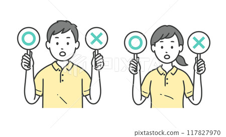 男性和女性護理人員舉起牌子的上半身插圖 117827970