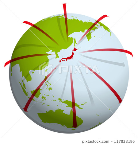 一張球形世界地圖，紅色箭頭從日本傳播到世界，向量圖 117828196