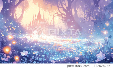 森林深處一座城堡的抽象童話水彩插圖 117828286