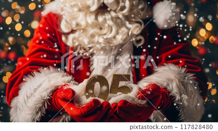 Santa claus holding 05 numbers, symbolizing new year and future concepts in a close up view 117828480