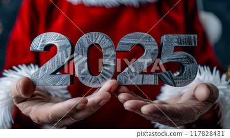 Santa claus holding 2025 number, symbolizing new year and future concepts for change ahead 117828481