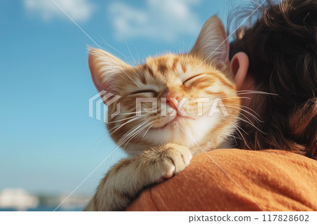 The back of a woman hugging a cat 117828602