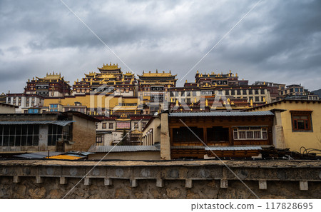 Beautiful architecture of Songzanlin Monastery the largest Tibetan Buddhist monastery in Shangri-La town in Yunnan province of China. 117828695
