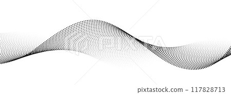 Dotted wavy line background. Black halftone undulate pattern. Curved dashed gradient design element for poser, banner, presentation, booklet. Abstract flowing particle wave wallpaper. Vector Dotted wavy line background. Black halftone undulate pattern. Curved dashed gradient design element for poser, banner, presentation, booklet. Abstract flowing particle wave wallpaper. Vector 117828713
