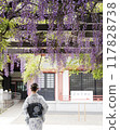 A shrine decorated with beautiful wisteria flowers, a woman's back view, vertical composition 117828738