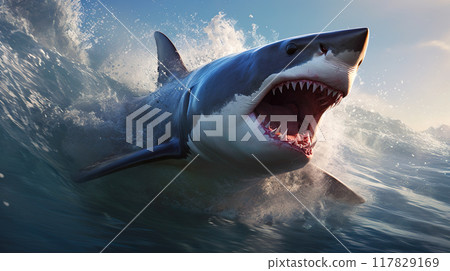 可怕的大白鯊從海浪中跳出來 可怕的大白鯊從海浪中跳出來 117829169