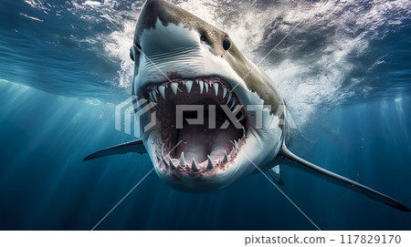 Terrifying great white shark opening its mouth underwater Terrifying great white shark opening its mouth underwater 117829170