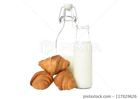 PNG,Croissants with a bottle of milk, isolated on white background PNG,Croissants with a bottle of milk, isolated on white background 117829626
