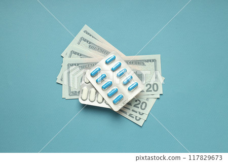 Pills and money, concept of corruption in medicine. Pills and money, concept of corruption in medicine. 117829673